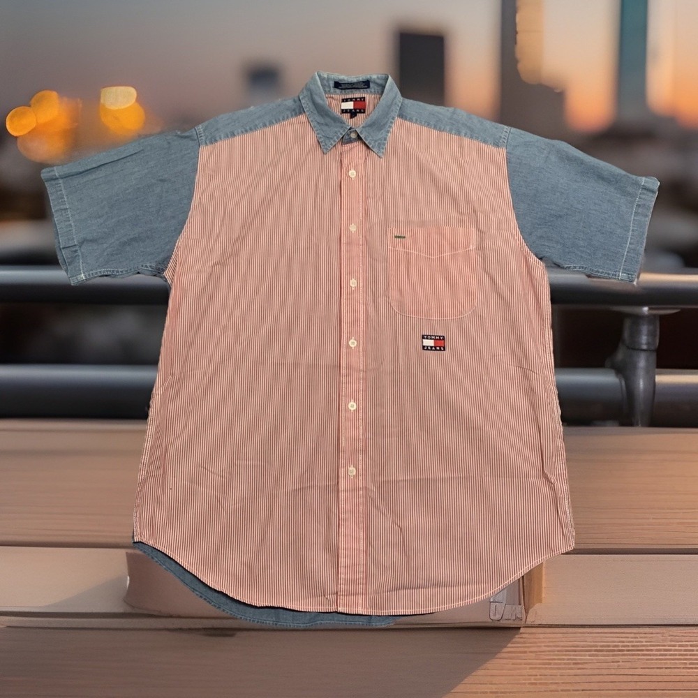 VTG 90s Tommy Jeans Hilfiger Colorblock Shirt Mens L Short Sleeve Stripe Denim
